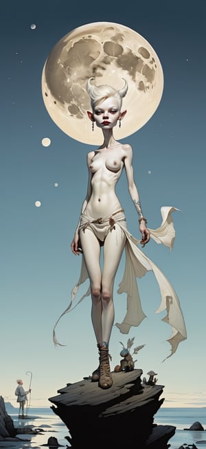 caricature realista of full body albino  pixie  woman , model boho style, full moon    Dibujante(s): Jamie Hewlett, Philip Bond, Glyn Dillon, Ashley Wood, Jim Mahfood, Rufus Dayglo, Andy Pritchett, Mike McMahon