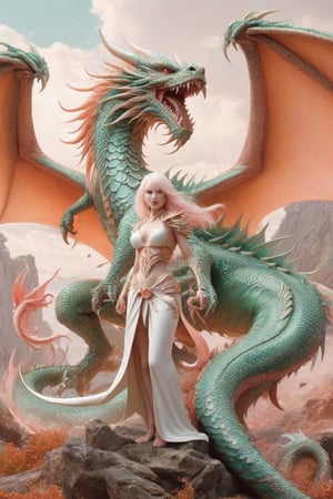 albino woman reaper warrior,
rasperry all in mint and peach, backgrund gigant dragon in a battle,Rong,Long,DRAGON,Dragon