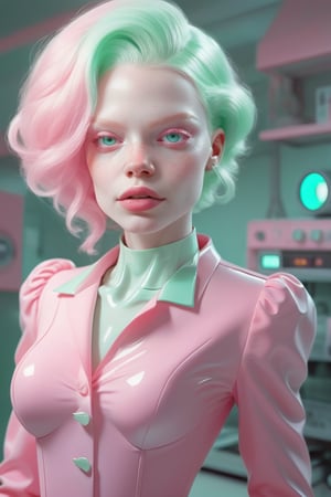 albino woman ,  ilustration style loish style  all in pink  nacar and mint