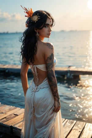 1girl indian  solo, looking at viewer, simple background, long lavander hair, hair ornament, pier background, indian style, arm tattoo, back tattoo, full-body tattoo ct-eujiiin