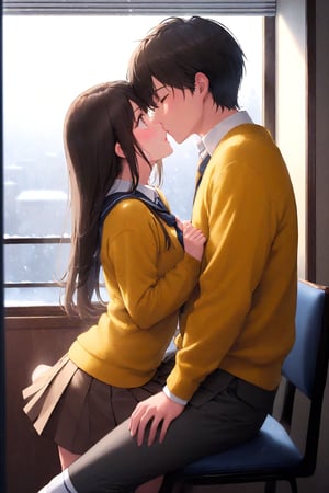 A highschool student, 17 years old, /(school uniform: Dark yellow sweater, beige blouse, dark brown miniskirt with white lines and pleats, dark grey socks,), in a room, on a chair, near the window, in winter, fogged glass, the young lady riding on the man's hip passionately kissing, 21 years old, /(formal suit, rings on fingers,), on top of the man riding him, frontal focus, 