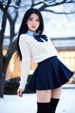 At university, garden, winter, snowing, dusk, stars overhead, women, 21 years old, beautiful, long black hair, blue sky eyes, white skin, wide hips, small waist, shapely legs, perfect thighs, would be, blushing, angry, casual clothes, tapered plain fitted mini skirt, jumper shirt, knee-high boots, bow on the head,