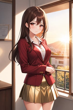 Cover for a manga magazine, In a private school for women, a beautiful female student, in the dormitory, in her room, with her back to the door, stroking her hair with her fingers, winking, blushing, looking at the viewer, slightly hunched back, simple decoration, feminine atmosphere, sunset, sunlight penetrating through the window, /(extremely long straight hair, almond-shaped eyes, hourglass-shaped athletic body, large breasts, medium hip, medium waist, shapely legs, perfect fingers, Greek nose, perfect hands, triangular face,), /(uniform: white V-neck blouse long sleeve, gold pleated mini skirt, crimson red satin blazer with gold buttons, silver thigh-high stockings held up by garters,), colored pencil traces and watercolor brush strokes,