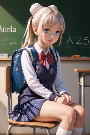 Student, high school, female, 17 years old, school uniform, backpack in hands, bun, bun hair, long hair, silky hair, neat hair, neat hair, light hair, double ponytail, beautiful, white skin, ((proportionate body;)), ((perfect body,)), ((fine features,)), ((detailed face,)), ((perfect skin,)), ((almond eyes,)), ((perfect eyes,)), classroom, chair, sitting, crossing her legs,  