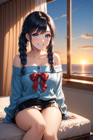 /(Female, beautiful, 16 years old, sexy, sensual, cheerful, smiling, winking, hands over face, sitting, chair, crossing legs,), /(extremely long hair, hair in two braided pigtails, jet black hair, white skin, topaz blue eyes,), /(perfect eyes, perfect hands, perfect face, perfect face, proportionate body, D cup breasts, medium hips, medium waist, small nose, triangular face, ), /(Bow in braids, buttoned sweater, baggy sweater, open sweater, short fitted skirt, short mid-hip skirt, printed blouse, off-shoulder blouse, long sleeve blouse, patent leather shoes, low heels,), /(Front view, front focus, front focus, bottom flat focus, bottom focus, bottom approach, bottom approach,), /(Room, sunrise, bay windows, open windows, curtains, wind, single wall, lamp, bed, coffee table,), /(Room, sunrise, bay windows, open windows, curtains, wind, single wall, lamp, bed, coffee table,),