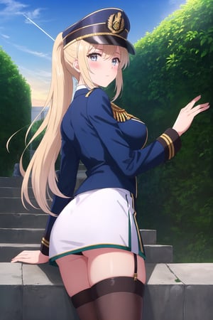 In a military academy, a beautiful female student, in an indoor garden, on a terrace, with her back to the railing, stroking her hair with her fingers, indifferent, blushing, looking at the viewer, slightly hunched back to the front, vines on the walls, festive atmosphere, dusk, sunset, /(extremely long straight hair pulled back in a ponytail, almond-shaped eyes, hourglass athletic body, large breasts, medium hip, medium waist, shapely legs, perfect fingers, Greek nose, perfect hands, triangular face,), /(military uniform: senior officer's military cap, white fitted V-neck blouse long sleeve, short dark blue plain fitted skirt, topaz blue satin blazer with gold buttons and insignia on chest, sky blue thigh-high stockings held up by garters, medium heeled military boots,),
