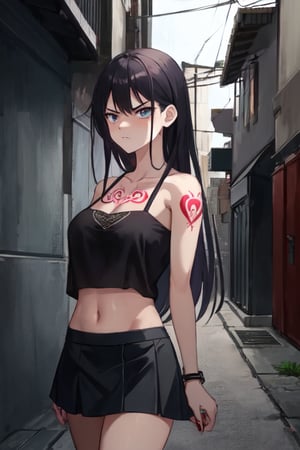 A beautiful girl, 19 years old, on the street, slender body, long hair, miniskirt, low-cut top blouse, tattoos on arms and legs, indifferent, angry, looking to the side over her shoulder, midday, in a lonely alley,