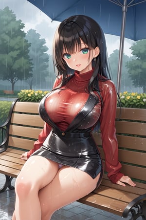 sitting on a park bench, crossed legs, rain, traslucent blouse, Wet clothes, big chest, Beautiful women, 18 years old, uniform, Mini-skirt, blouse, sweater,