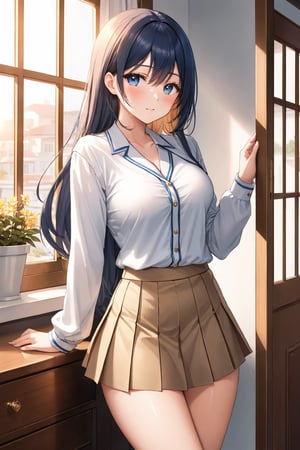 Cover for a manga magazine, In a private school for women, a beautiful female student, in the dormitory, in her room, with her back to the door, stroking her hair with her fingers, winking, blushing, looking at the viewer, slightly hunched back, simple decoration, feminine atmosphere, sunset, sunlight penetrating through the window, /(extremely long straight hair, almond-shaped eyes, hourglass-shaped athletic body, large breasts, medium hip, medium waist, shapely legs, perfect fingers, Greek nose, perfect hands, triangular face,), /(uniform: white V-neck blouse long sleeve, topaz blue pleated mini skirt, light gray satin blazer with gold buttons, light gray thigh-high stockings held up by garters,), colored pencil traces and watercolor brush strokes,