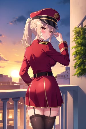 In a military academy, a beautiful female student, in an indoor garden, on a terrace, with her back to the railing, stroking her hair with her fingers, indifferent, blushing, looking at the viewer, slightly hunched back to the front, vines on the walls, festive atmosphere, dusk, sunset, /(extremely long straight hair pulled back in a ponytail, almond-shaped eyes, hourglass athletic body, large breasts, medium hip, medium waist, shapely legs, perfect fingers, Greek nose, perfect hands, triangular face,), /(military uniform: senior officer's military cap, white fitted V-neck blouse long sleeves, short fitted plain scarlet red skirt, crimson red satin blazer with gold buttons and insignia on chest, red thigh-high stockings held up by garters, medium heeled military boots,),