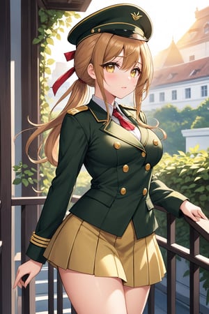 Cover for a manga magazine, In a military academy, a beautiful female student, in an indoor garden, on a terrace, with her back to the railing, stroking her hair with her fingers, indifferent, blushing, looking at the viewer, slightly hunched back to the front, vines on the walls, festive atmosphere, dusk, sunset, /(extremely long straight hair pulled back in a ponytail, almond-shaped eyes, hourglass athletic body, large breasts, medium hip, medium waist, shapely legs, perfect fingers, Greek nose, perfect hands, triangular face,), /(military uniform: senior officer's military cap, white fitted V-neck blouse long sleeves, plain yellow fitted short skirt, pastel pink satin blazer with gold buttons and insignia on chest, dark yellow thigh-high stockings held up by garters, medium heeled military boots,), colored pencil traces and watercolor brush strokes,