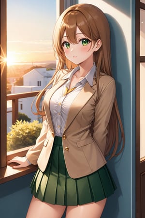 Cover for a manga magazine, In a private school for women, a beautiful female student, in the dormitory, in her room, with her back to the door, stroking her hair with her fingers, winking, blushing, looking at the viewer, slightly hunched back, simple decoration, feminine atmosphere, sunset, sunlight penetrating through the window, /(extremely long straight hair, almond-shaped eyes, hourglass-shaped athletic body, large breasts, medium hip, medium waist, shapely legs, perfect fingers, Greek nose, perfect hands, triangular face,), /(uniform: white V-neck blouse long sleeves, green pleated mini skirt, beige satin blazer with gold buttons, beige thigh-high stockings held up by garters,), colored pencil traces and watercolor brush strokes,