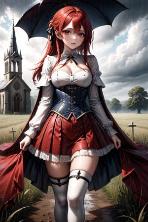 /(Woman, 18 years old, beautiful, sexy), (field, church, cloudy sky, rain,) /(blood on her clothes, corpses around, ruins,), /(sadistic, expressionless, indifferent,), /(proportionate body, large breasts, shapely legs, medium waist, medium hips, perfect hands, perfect face, perfect eyes,), /(red hair, long hair, ponytailed hair, white skin, honey eyes,), /(18th century style military clothing, thread-tied corset, red corset, white blouse, long sleeve blouse, lace blouse, red mini skirt, pleated mini skirt, white boots, thigh-high boots, boots held up by garters, metal mittens, metal knee pads, metal shoulder pads, cape, hair pin,),