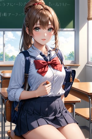 Student, high school, female, 17 years old, mature, beautiful, school uniform, bag in hands, bun, bun hair, long hair, silky hair, neat hair, light hair, ponytail, beautiful, fair skin, ((proportionate body;)), ((perfect body,)), ((fine features,)), ((detailed face,)), ((perfect skin,)), ((almond-shaped eyes,)), ((perfect eyes,)), classroom, chair, sitting, crossing her legs,