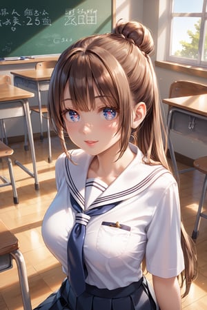 Student, high school, female, 17 years old, mature, beautiful, school uniform, bag in hands, bun, bun hair, long hair, silky hair, neat hair, light hair, ponytail, beautiful, fair skin, ((proportionate body;)), ((perfect body,)), ((fine features,)), ((detailed face,)), ((perfect skin,)), ((almond-shaped eyes,)), ((perfect eyes,)), classroom, chair, sitting, crossing her legs,