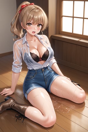 A beautiful woman, In her 20's, in her room, wet body, wet clothes, angry, clothes on the floor, sitting on a chair, crossing her legs, /(Mediterranean white skin, extremely long straight light brown hair combed in a ponytail, hazel almond eyes,), /(denim miniskirt, white short-sleeved V-neck blouse, knee-high leather boots,), /(shapely legs, athletic hourglass body, medium hips, medium waist, large chest), blouse translucent from water, blouse unbuttoned completely open revealing the bra underneath,