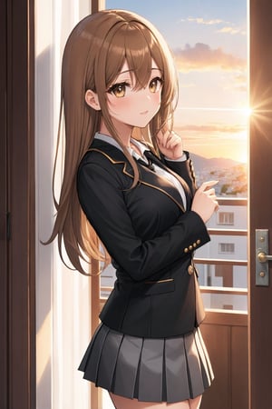 Cover for a manga magazine, In a private school for women, a beautiful female student, in the dormitory, in her room, with her back to the door, stroking her hair with her fingers, winking, blushing, looking at the viewer, slightly hunched back, simple decoration, feminine atmosphere, sunset, sunlight penetrating through the window, /(extremely long straight hair, almond-shaped eyes, hourglass-shaped athletic body, large breasts, medium hip, medium waist, shapely legs, perfect fingers, Greek nose, perfect hands, triangular face,), /(uniform: white V-neck blouse long sleeves, gray pleated mini skirt, black satin blazer with gold buttons, black thigh-high stockings held up by garters,), colored pencil traces and watercolor brush strokes,anime