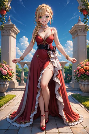 Portrait, female, teenager, 17 years old, blonde, pigtail, braid, green eyes, white skin, elegant clothes, strappy dress with lace, long dress, fitted dress, red dress, coat, medium stiletto shoes, proportionate body, top focus, aerial view, looking at the sky, raising hands, cheerful, smiling, night, half lighting, large garden, imposing mansion,