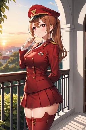 Cover for a manga magazine, In a military academy, a beautiful female student, in an indoor garden, on a terrace, with her back to the railing, stroking her hair with her fingers, indifferent, blushing, looking at the viewer, slightly hunched back to the front, vines on the walls, festive atmosphere, dusk, sunset, /(extremely long straight hair pulled back in a ponytail, almond-shaped eyes, hourglass athletic body, large breasts, medium hip, medium waist, shapely legs, perfect fingers, Greek nose, perfect hands, triangular face,), /(military uniform: senior officer's military cap, white fitted V-neck blouse long sleeves, short fitted plain scarlet red skirt, crimson red satin blazer with gold buttons and insignia on chest, red thigh-high stockings held up by garters, medium heeled military boots,), colored pencil traces and watercolor brush strokes,