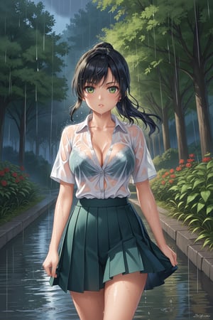 A beautiful young woman, 26 years old, in the park, under the rain, blouse, unbuttoned blouse, wet blouse, translucent blouse, fitted pleated short skirt, dusk, wind blowing, black hair, ponytail, topaz green eyes, white skin, serious, nonchalant,