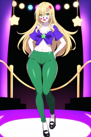 A video game character, a villain, a darck clown on the center stage of a circus, a beautiful and sexy 18 year old woman, /(Pale white skin, long golden blond hair, emerald green eyes,), /(Hourglass-shaped body, wide hips, small waist, shapely legs, big chest, small hands, thin fingers, Greek nose, almond-shaped eyes,), /(Clown costume: wig with tousled hair, tight pants, colorful V-neck blouse, exaggerated shoes, face paint, star ornaments around the eyes,),
