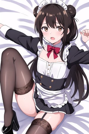 Sweat and wet clothes, translucent blouse, flushed face, In bed, lying in bed yawning and squinting, stretching arms lazily, bending legs, looking up towards the ceiling in the direction of the viewer, /(camera focus from the top plane), a beautiful sexy 18-year-old woman, /(Long black hair straight In a ponytail and soft with a bun at the ends, light brown eyes, white skin,), /(Hourglass-shaped body, wide hips, small waist, shapely legs, big chest, small hands, thin fingers, Greek nose, almond-shaped eyes,), (Maid maid clothing: fitted blouse, pleated mini skirt with lace, platform booties, thigh-high stockings held up by garters,),