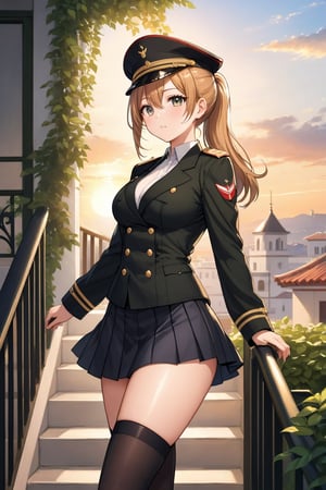 Cover for a manga magazine, In a military academy, a beautiful female student, in an indoor garden, on a terrace, with her back to the railing, stroking her hair with her fingers, indifferent, blushing, looking at the viewer, slightly hunched back to the front, vines on the walls, festive atmosphere, dusk, sunset, /(extremely long straight hair pulled back in a ponytail, almond-shaped eyes, hourglass athletic body, large breasts, medium hip, medium waist, shapely legs, perfect fingers, Greek nose, perfect hands, triangular face,), /(military uniform: senior officer's military cap, white fitted V-neck blouse long sleeves, short plain black fitted skirt, jet black satin blazer with gold buttons and insignia on chest, black thigh-high stockings held up by garters, medium heeled military boots,), colored pencil traces and watercolor brush strokes,