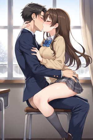 A highschool student, 17 years old, /(school uniform: Dark yellow sweater, beige blouse, dark brown miniskirt with white lines and pleats, dark grey socks,), in a room, on a chair, near the window, in winter, fogged glass, the young lady riding on the man's hip passionately kissing, 21 years old, /(formal suit, rings on fingers,), on top of the man riding him, frontal focus, 