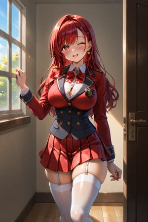 In a private school for women, a beautiful female student, in the dormitory, in her room, with her back to the door, stroking her hair with her fingers, winking, blushing, looking at the viewer, slightly hunched back, simple decoration, feminine atmosphere, sunset, sunlight penetrating through the window, /(extremely long straight hair, almond-shaped eyes, proportionate body, hourglass-shaped athletic body, big chest, shapely legs, medium waist, medium hips, perfect hands, perfect face, perfect eyes, perfect feet, perfect fingers, perfect nose, perfect face,), /(uniform: white V-neck blouse long sleeve, gold pleated mini skirt, crimson red satin blazer with gold buttons, silver thigh-high stockings held up by garters,),