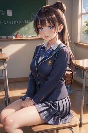 Student, high school, female, 17 years old, mature, beautiful, school uniform, bag in hands, bun, bun hair, long hair, silky hair, neat hair, light hair, ponytail, beautiful, fair skin, ((proportionate body;)), ((perfect body,)), ((fine features,)), ((detailed face,)), ((perfect skin,)), ((almond-shaped eyes,)), ((perfect eyes,)), classroom, chair, sitting, crossing her legs,