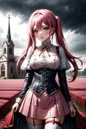 /(Woman, 18 years old, beautiful, sexy), (field, church, cloudy sky, rain,) /(blood on her clothes, corpses around, ruins,), /(proud, arrogant, indifferent,), /(proportionate body, large breasts, shapely legs, medium waist, medium hips, perfect hands, perfect face, perfect eyes,), /(pink hair, extremely long hair, hair combed in two pigtails, white skin, red eyes,), /(18th century style military clothing, thread-tied corset, pink corset, white blouse, long sleeve blouse, lace blouse, pink miniskirt, pleated miniskirt, white boots, thigh-high boots, boots held up by garters, metal mittens, metal knee pads, metal shoulder pads, cape, hair pin,),