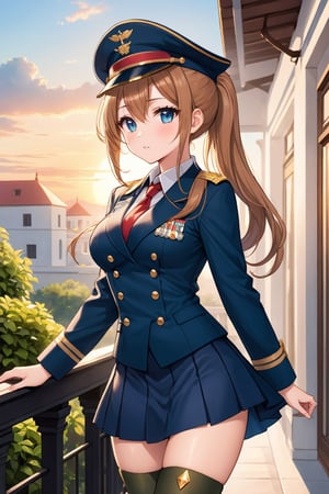 Cover for a manga magazine, In a military academy, a beautiful female student, in an indoor garden, on a terrace, with her back to the railing, stroking her hair with her fingers, indifferent, blushing, looking at the viewer, slightly hunched back to the front, vines on the walls, festive atmosphere, dusk, sunset, /(extremely long straight hair pulled back in a ponytail, almond-shaped eyes, hourglass athletic body, large breasts, medium hip, medium waist, shapely legs, perfect fingers, Greek nose, perfect hands, triangular face,), /(military uniform: senior officer's military cap, white fitted V-neck blouse long sleeve, short dark blue plain fitted skirt, topaz blue satin blazer with gold buttons and insignia on chest, sky blue thigh-high stockings held up by garters, medium heeled military boots,), colored pencil traces and watercolor brush strokes,