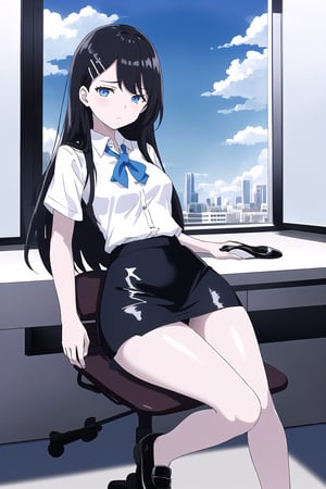 A beautiful woman, 18 years old, in an office, sitting in a chair, behind a desk, exhausted, sad, angry, at night, contemplating the landscape through the window, /(white skin, extremely long black hair, sky blue eyes,), /(fitted office clothes: patent leather shoes, sky blue plain mini skirt, white short-sleeved blouse, buttoned sky blue vest, hair brooch,), /(shapely legs, hourglass athletic body, medium hips, medium waist, big chest,),