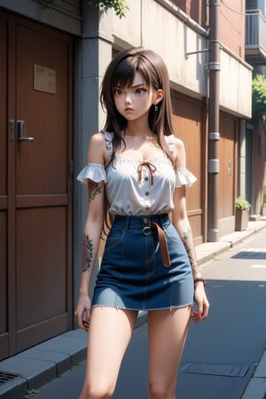 A beautiful girl, 19 years old, on the street, slender body, long hair, miniskirt, low-cut top blouse, tattoos on arms and legs, indifferent, angry, looking to the side over her shoulder, midday, in a lonely alley,