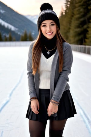 In a private institute for women, a beautiful female student, outdoors, winter, snowing, skating on a rink, cheerful, smiling, closing her eyes, looking at the sky, snowflakes crashing on her face, dusk, sunset, mountains in the background, forest in the background, /(top focus,), /(aerial view,), /(Extremely long straight hair styled in a ponytail, almond eyes, hourglass athletic body, big chest, medium hip, medium waist, shapely legs, perfect fingers, Greek nose, perfect hands, triangular face,), /(Winter outdoor wear: worsted sweater, long pleated gray skirt, full body coat, black tights, winter hat, earrings, bracelet, necklace, skates,),