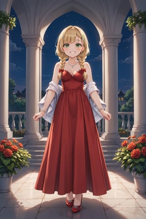 Portrait, female, teenager, 17 years old, blonde, pigtail, braid, green eyes, white skin, elegant clothes, strappy dress with lace, long dress, fitted dress, red dress, coat, medium stiletto shoes, proportionate body, top focus, aerial view, looking at the sky, raising hands, cheerful, smiling, night, half lighting, large garden, imposing mansion,