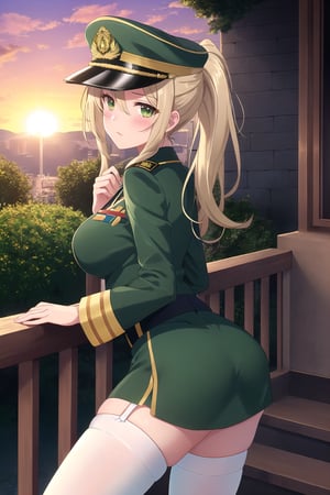 In a military academy, a beautiful female student, in an indoor garden, on a terrace, with her back to the railing, stroking her hair with her fingers, indifferent, blushing, looking at the viewer, slightly hunched back to the front, vines on the walls, festive atmosphere, dusk, sunset, /(extremely long straight hair pulled back in a ponytail, almond-shaped eyes, hourglass athletic body, large breasts, medium hip, medium waist, shapely legs, perfect fingers, Greek nose, perfect hands, triangular face,), /(military uniform: senior officer's military cap, white fitted V-neck blouse long sleeves, short plain green fitted skirt, emerald green satin blazer with gold buttons and insignia on chest, dark green thigh-high stockings held up by garters, medium heeled military boots,),