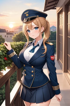 Cover for a manga magazine, In a military academy, a beautiful female student, in an indoor garden, on a terrace, with her back to the railing, stroking her hair with her fingers, indifferent, blushing, looking at the viewer, slightly hunched back to the front, vines on the walls, festive atmosphere, dusk, sunset, /(extremely long straight hair pulled back in a ponytail, almond-shaped eyes, hourglass athletic body, large breasts, medium hip, medium waist, shapely legs, perfect fingers, Greek nose, perfect hands, triangular face,), /(military uniform: senior officer's military cap, white fitted V-neck blouse long sleeve, short dark blue plain fitted skirt, topaz blue satin blazer with gold buttons and insignia on chest, sky blue thigh-high stockings held up by garters, medium heeled military boots,), colored pencil traces and watercolor brush strokes,