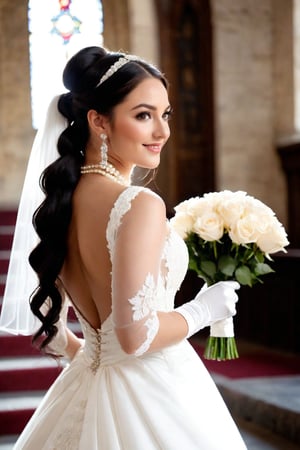 In a church, a sunny day, festive atmosphere, a beautiful woman in her 20's, joyful, smiling, euphoric, with a bouquet of flowers in her hands, with her back turned, walking up the stairs, surrounded by roses, /(Victorian style fitted wedding dress with a long ponytail from the back to the floor, brooch in her hair, pearl necklace, stiletto shoes, veil, gloves,), /(Mediterranean white skin, extremely long straight jet black hair styled in a ponytail and braids, hazel eyes,), /(Hourglass shaped body, medium hips, medium waist, shapely legs, big chest, small hands, slender fingers, Greek nose, almond eyes,),