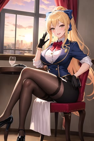 A beautiful woman, elegant, refined, anime-inspired uniform, Victorian style, demure, long skirt, blouse, stockings, gloves, bow in her hair, extremely long hair tied up, light skin, patent leather shoes, necklace, brooch on the hair, gold jewelry, restaurant, sunset, sitting in a chair, crossing legs, on one side of the window, high floor, city in the background,