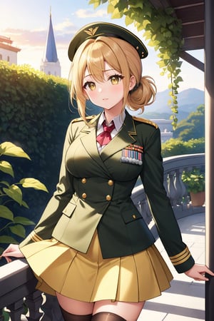 Cover for a manga magazine, In a military academy, a beautiful female student, in an indoor garden, on a terrace, with her back to the railing, stroking her hair with her fingers, indifferent, blushing, looking at the viewer, slightly hunched back to the front, vines on the walls, festive atmosphere, dusk, sunset, /(extremely long straight hair pulled back in a ponytail, almond-shaped eyes, hourglass athletic body, large breasts, medium hip, medium waist, shapely legs, perfect fingers, Greek nose, perfect hands, triangular face,), /(military uniform: senior officer's military cap, white fitted V-neck blouse long sleeves, plain yellow fitted short skirt, pastel pink satin blazer with gold buttons and insignia on chest, dark yellow thigh-high stockings held up by garters, medium heeled military boots,), colored pencil traces and watercolor brush strokes,