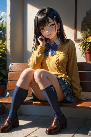 sitting cross-legged on a bench in the garden of a school for girls, a stunningly beautiful student girl without make-up, 17 years old, /(perfect and detailed hands, fine fingers, perfect and highly detailed eyes, perfect face, perfect and athletic body,), /(long black hair with blue tips, triangular face, perfect yellow eyes, shapely legs, hourglass body, sexi,), /(school uniform: Yellow sweater, white blouse, dark blue miniskirt, dark blue socks,) extremely detailed light hazel eyes, detailed symmetric realistic face, extremely detailed natural skin texture, peach fuzz, masterpiece, absurdres, nikon d850 film stock photograph, kodak portra 400 camera f1.6 lens, extremely detailed, amazing, fine detail, rich colors, hyper realistic lifelike texture, dramatic lighting, unrealengine, cinestill 800 tungsten, looking at the viewer, photo realistic, raw photo, high quality, highres, sharp focus, extremely detailed, cinematic lighting, 8k uhd,