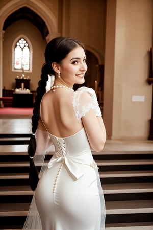 In a church, a sunny day, festive atmosphere, a beautiful woman in her 20's, joyful, smiling, euphoric, with a bouquet of flowers in her hands, with her back turned, walking up the stairs, surrounded by roses, /(Victorian style fitted wedding dress with a long ponytail from the back to the floor, brooch in her hair, pearl necklace, stiletto shoes, veil, gloves,), /(Mediterranean white skin, extremely long straight jet black hair styled in a ponytail and braids, hazel eyes,), /(Hourglass shaped body, medium hips, medium waist, shapely legs, big chest, small hands, slender fingers, Greek nose, almond eyes,),