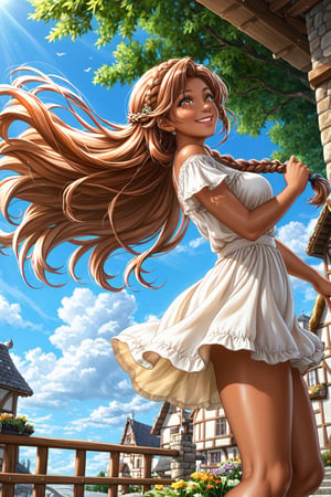 A woman, beautiful, 23 years old, village, bridge, hand on railing, wind, hair flying, hand stroking hair, cheerful, slight smile, /(bottom focus, focus from below, right profile,), /(copper hair, extremely long hair, topknot, right side braid, braid over shoulder, tanned skin, hazel eyes, light eyes,),