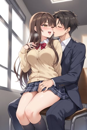 A highschool student, 17 years old, /(school uniform: Dark yellow sweater, beige blouse, dark brown miniskirt with white lines and pleats, dark grey socks,), in a room, on a chair, near the window, in winter, fogged glass, the young lady riding on the man's hip passionately kissing, 21 years old, /(formal suit, rings on fingers,), on top of the man riding him, frontal focus, 