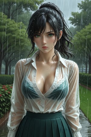 A beautiful young woman, 26 years old, in the park, under the rain, blouse, unbuttoned blouse, wet blouse, translucent blouse, fitted pleated short skirt, dusk, wind blowing, black hair, ponytail, topaz green eyes, white skin, serious, nonchalant,