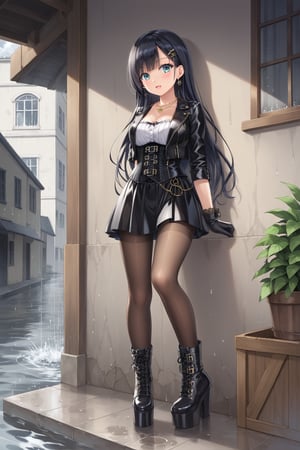 A beautiful woman, gothic, 19th century Victorian style gothic clothing inspired by anime, in an alley, rebellious, looking at the sky, closing her eyes, crossing legs, /(top focus), water hitting her face, short skirt, blouse, corset,  pantyhose, leather gloves, leather jacket, hair, extremely long hair tied up, platform boots, necklace, hair clip, gold jewelry, in the rain, cloudy sky, leaning on a wall, on the side of a window, plant go down, stand on a step,