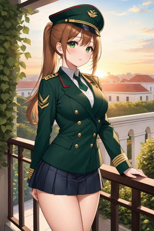 Cover for a manga magazine, In a military academy, a beautiful female student, in an indoor garden, on a terrace, with her back to the railing, stroking her hair with her fingers, indifferent, blushing, looking at the viewer, slightly hunched back to the front, vines on the walls, festive atmosphere, dusk, sunset, /(extremely long straight hair pulled back in a ponytail, almond-shaped eyes, hourglass athletic body, large breasts, medium hip, medium waist, shapely legs, perfect fingers, Greek nose, perfect hands, triangular face,), /(military uniform: senior officer's military cap, white fitted V-neck blouse long sleeves, short plain green fitted skirt, emerald green satin blazer with gold buttons and insignia on chest, dark green thigh-high stockings held up by garters, medium heeled military boots,), colored pencil traces and watercolor brush strokes,