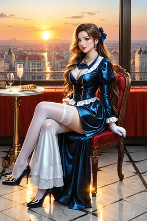 A beautiful woman, elegant, refined, anime-inspired uniform, Victorian style, demure, long skirt, blouse, stockings, gloves, bow in her hair, extremely long hair tied up, light skin, patent leather shoes, necklace, brooch on the hair, gold jewelry, restaurant, sunset, sitting in a chair, crossing legs, on one side of the window, high floor, city in the background,