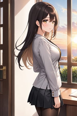 Cover for a manga magazine, In a private school for women, a beautiful female student, in the dormitory, in her room, with her back to the door, stroking her hair with her fingers, winking, blushing, looking at the viewer, slightly hunched back, simple decoration, feminine atmosphere, sunset, sunlight penetrating through the window, /(extremely long straight hair, almond-shaped eyes, hourglass-shaped athletic body, large breasts, medium hip, medium waist, shapely legs, perfect fingers, Greek nose, perfect hands, triangular face,), /(uniform: white V-neck blouse long sleeves, gray pleated mini skirt, black satin blazer with gold buttons, black thigh-high stockings held up by garters,), colored pencil traces and watercolor brush strokes,anime